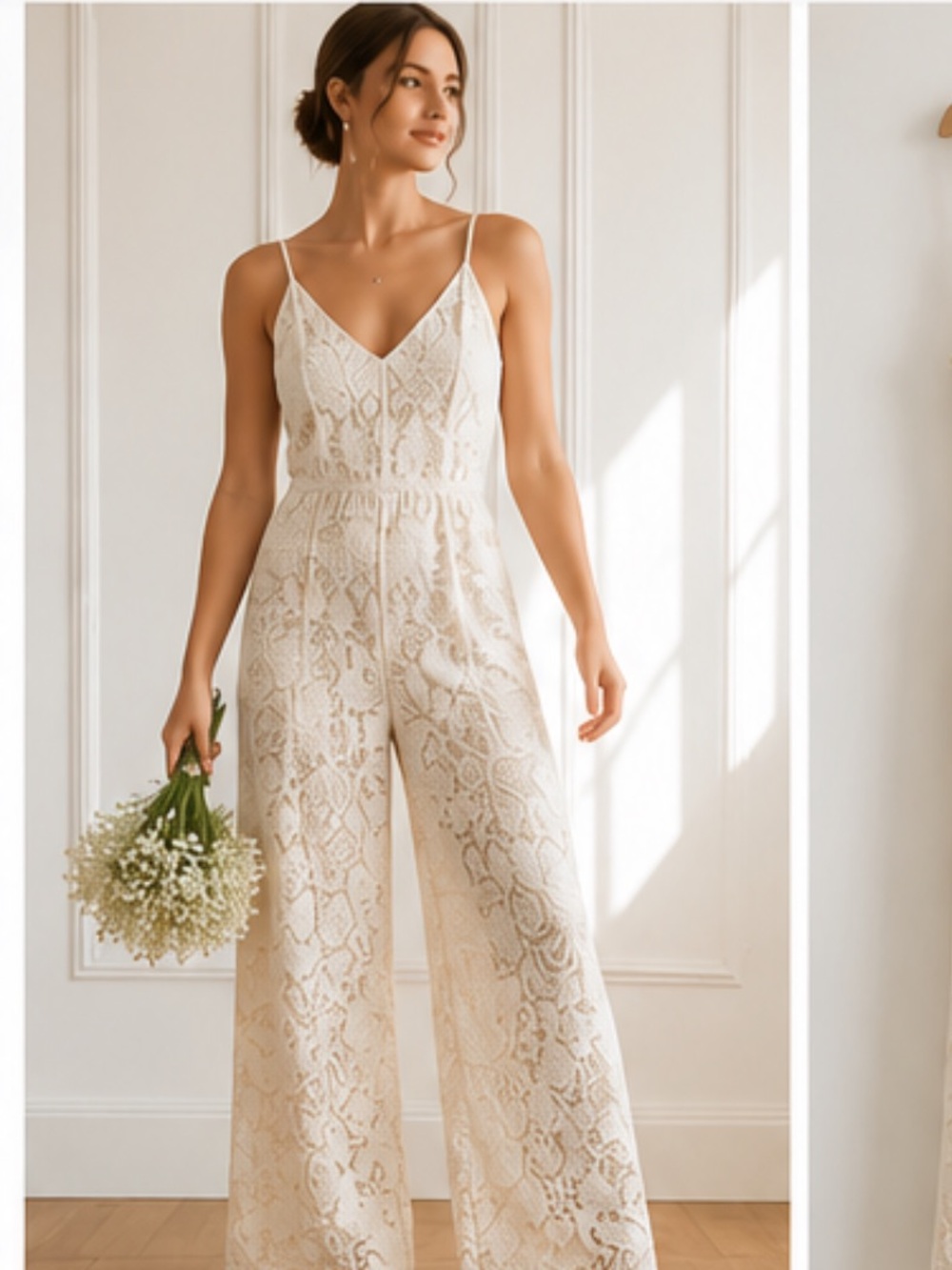 Zara NWT Ivory Lace Wide Leg Jumpsuit Bridal Wedding Shower Sleeveless XS